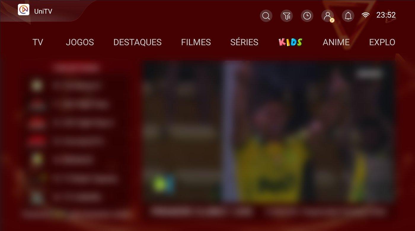 Tela inicial do aplicativo UniTv com menu de abas, lista de canais e player de vídeo